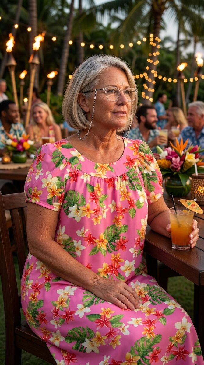 Woman wearing a pink plumeria print muumuu dress seated at an outdoor luau table in the evening