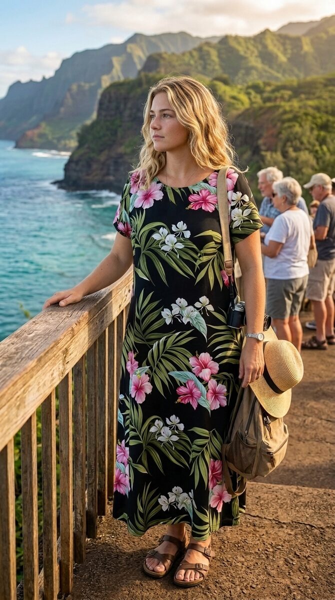 Woman in a black tropical floral print dress with fluid drape standing on a coastal overlook