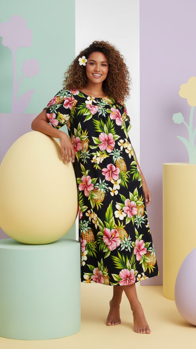 Woman wearing a black and pink hibiscus and plumeria print cotton muumuu dress with a gathered yoke and puff sleeves