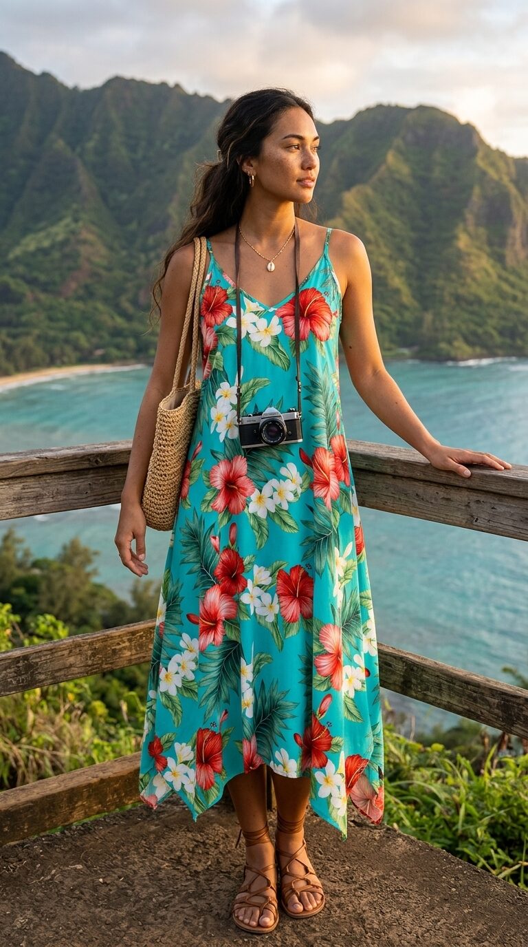 Woman wearing a flowing Hawaiian print dress by the ocean