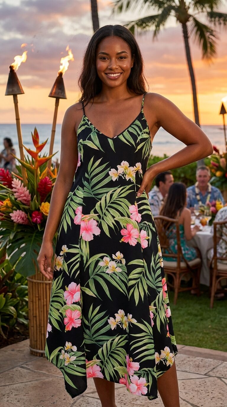 Hawaiian print dress at an evening gathering lit by tiki torches