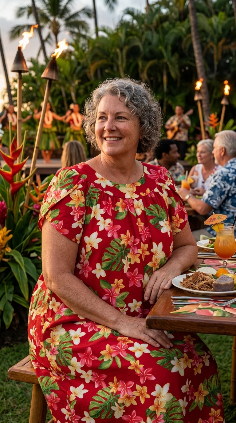 Woman in a pink plumeria print muumuu dress seated comfortably at an outdoor evening luau table