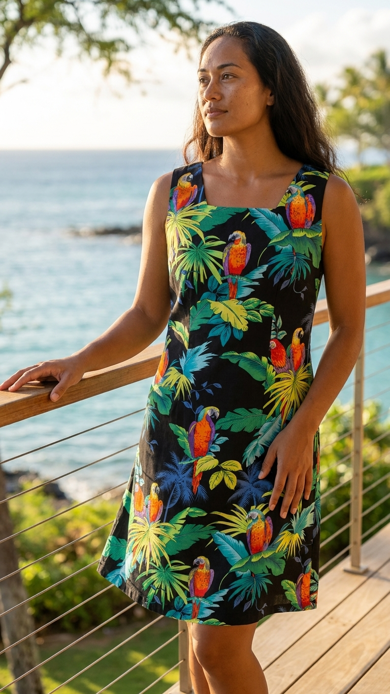 Woman in a teal and pink tropical print cotton shift dress with a structured silhouette
