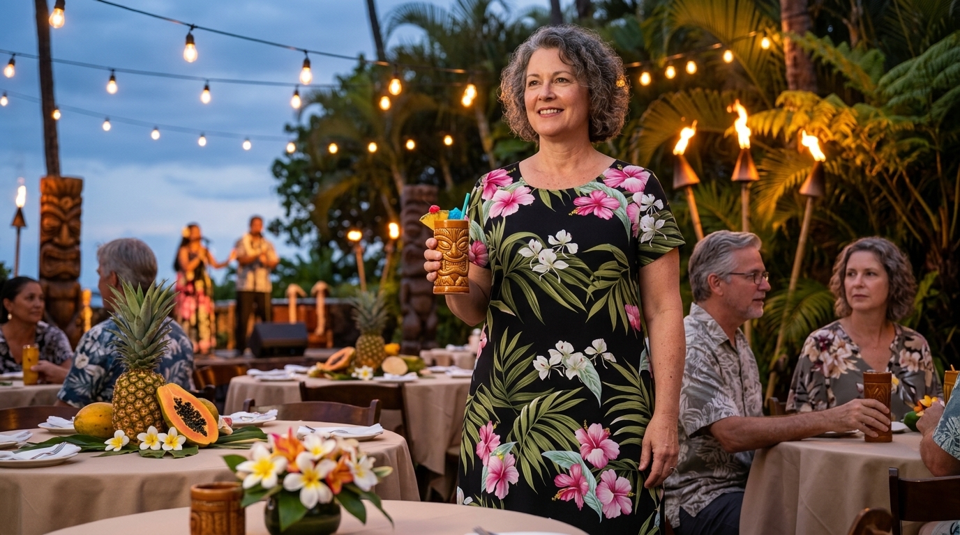 Woman in a white bird of paradise print handkerchief hem dress at a resort-style evening luau